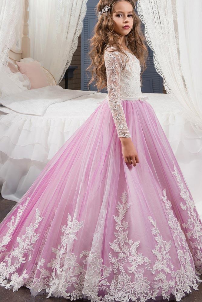 Tulle Lace Scoop Neck Long Sleeves Ball Gown Flower Girl Dress