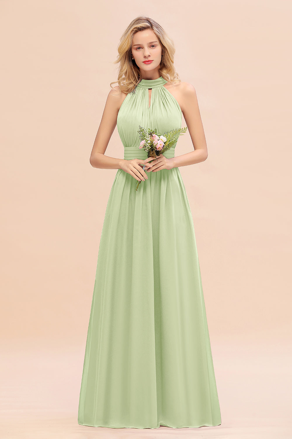 Dusty Sage Long High Neck Chiffon Bridesmaid Dresses with Ruffle