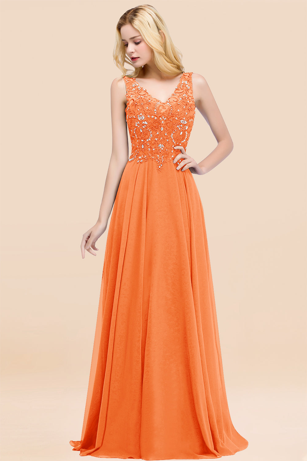 Dusty Rose Lace V-Neck Long Bridesmaid Dresses With Appliques