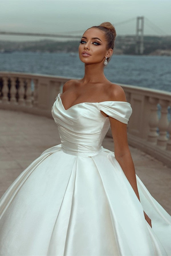 Elegant Long Ball Gown Off the Shoulder Satin Wedding Dress