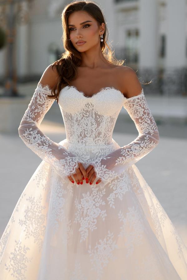 Long A-line Off the Shoulder Tulle Lace Wedding Dresses with Sleeves