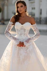 Long A-line Off the Shoulder Tulle Lace Wedding Dresses with Sleeves