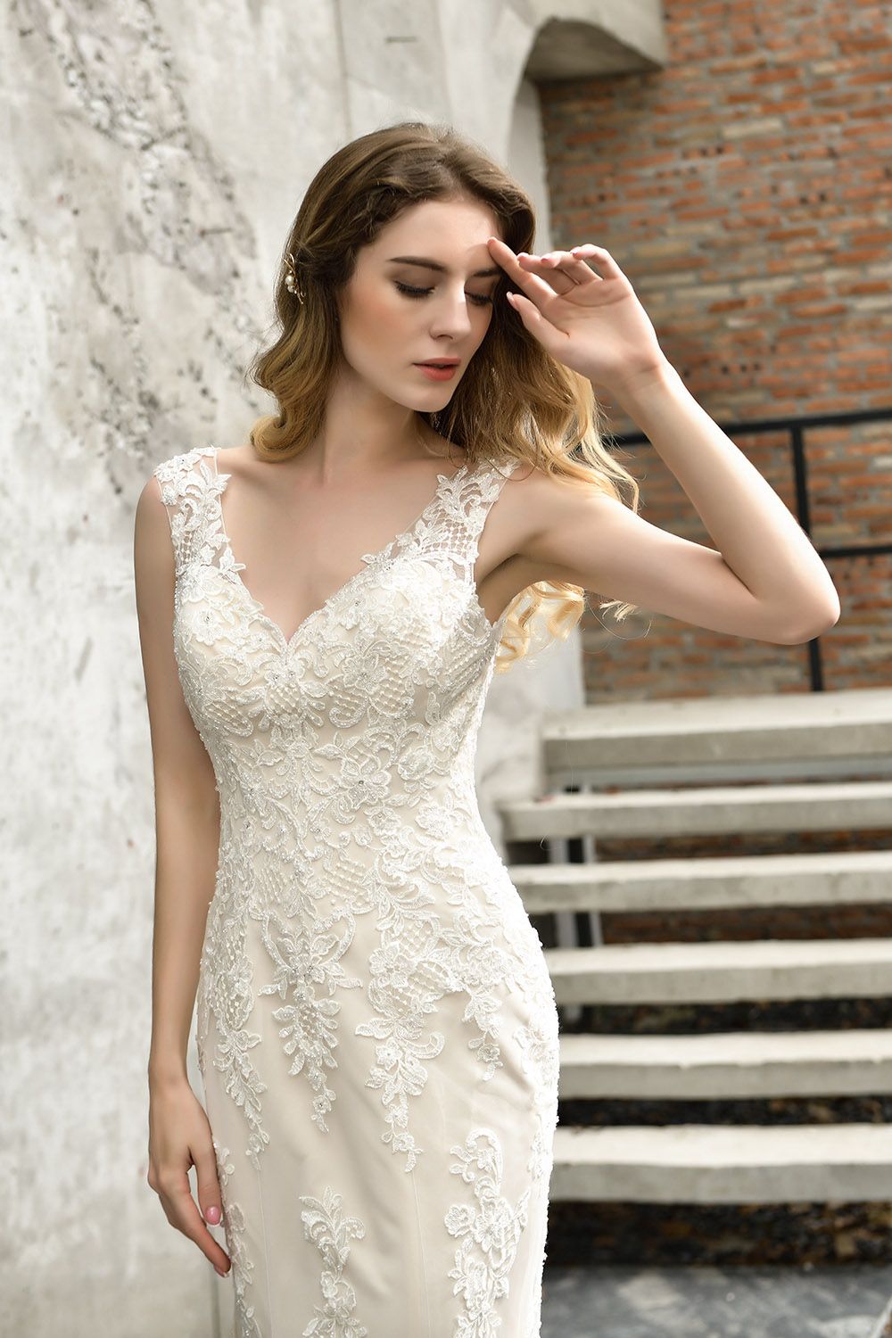 Long Mermaid V-neck Straps Lace Backless Floor Length Wedding Dresses