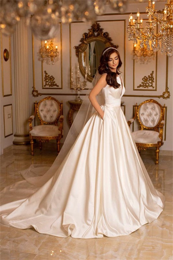 Charming Ivory Long A-line V-neck Satin Wedding Dress with Pockets