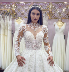 Gorgeous Long A-line High Neck Lace Appliques Wedding Dresses with Sleeves