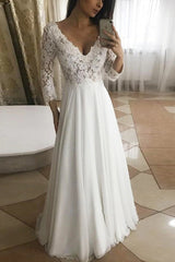White Long A-line V-neck Chiffon Lace Wedding Dresses With Sleeves
