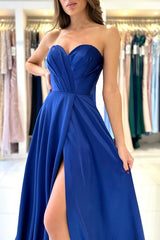 Elegant Long A-line Sweetheart Satin Formal Prom Dresses with Slit