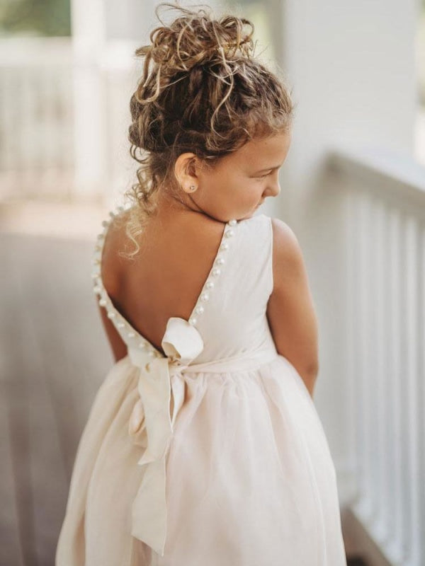 Jewel Neck Ivory Flower Girl Dress Sleeveless Formal Kids Dress for Party