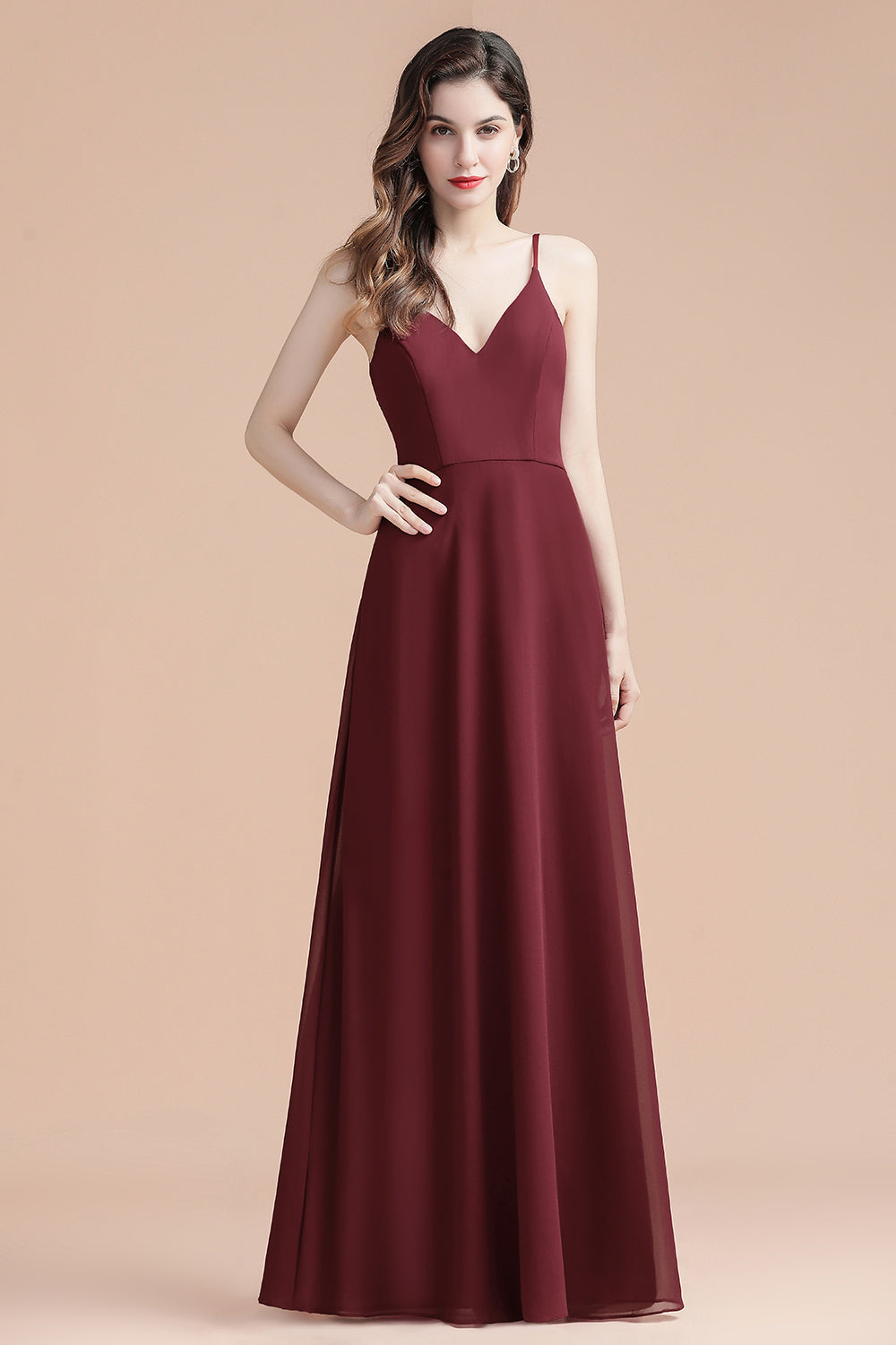 Elegant Spaghetti Straps V-Neck Chiffon Burgundy Long Bridesmaid Dress