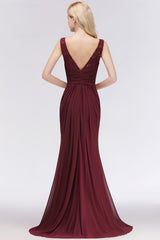 Burgundy Chiffon Lace Scoop A-Line Ruffles Long Bridesmaid Dresses