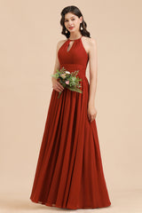Long Halter A-line Pleated Chiffon Bridesmaid Dress