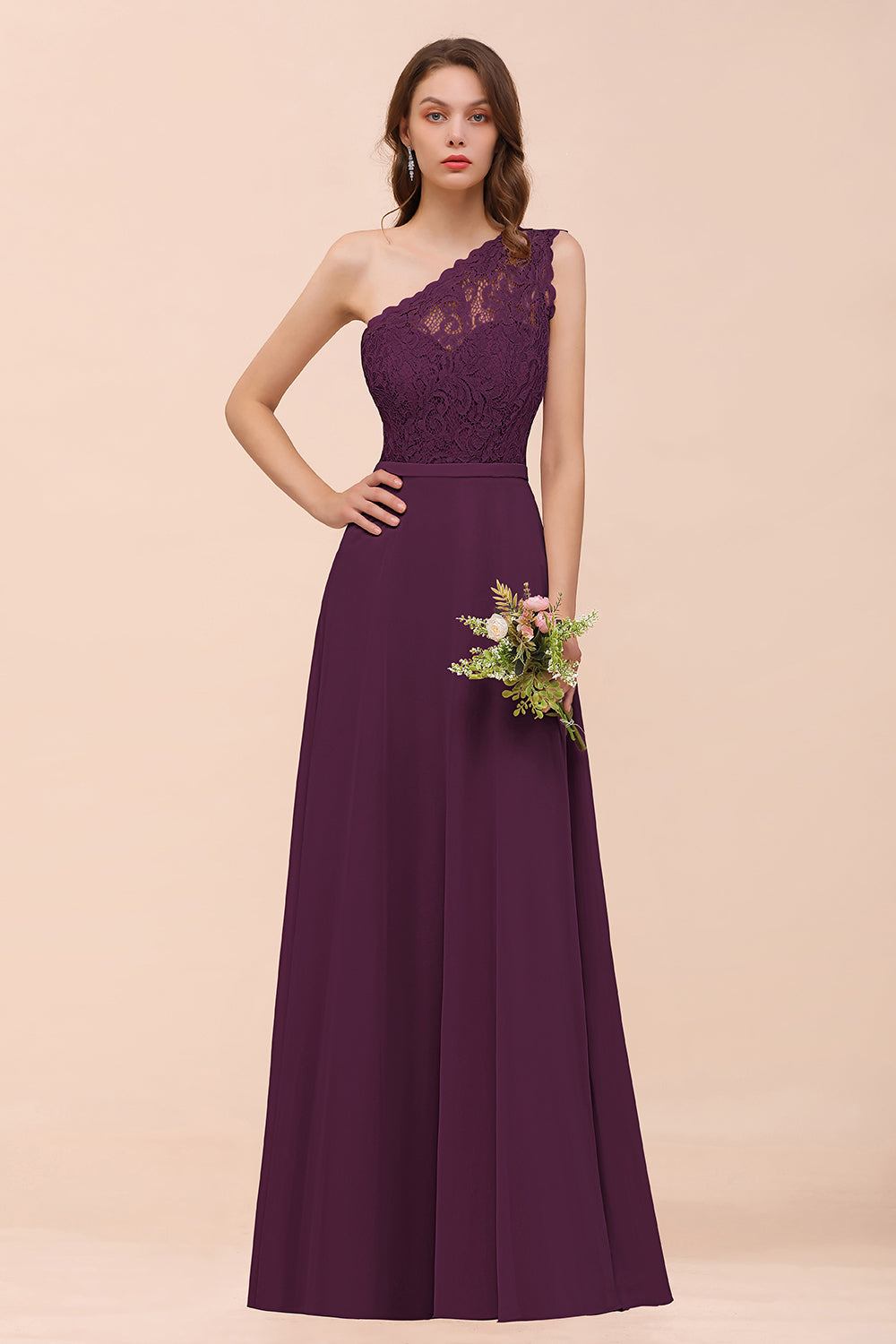 Classy One Shoulder Appliques Lace Floor Length A-Line Chiffon Bridesmaid Dress