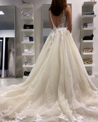 Classy Long Bateau Appliques Lace Floor Length Tulle Ruffles Backless A-Line Wedding Dress