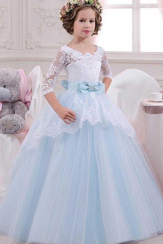 Long Tulle Lace Scoop Neck Ball Gown Flower Girl Dress with Sleeves