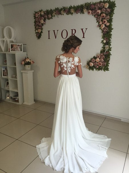 Elegant Long A-Line Chiffon Appliques Lace Ruffles Wedding Dress With Side Slit