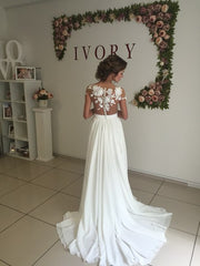 Elegant Long A-Line Chiffon Appliques Lace Ruffles Wedding Dress With Side Slit