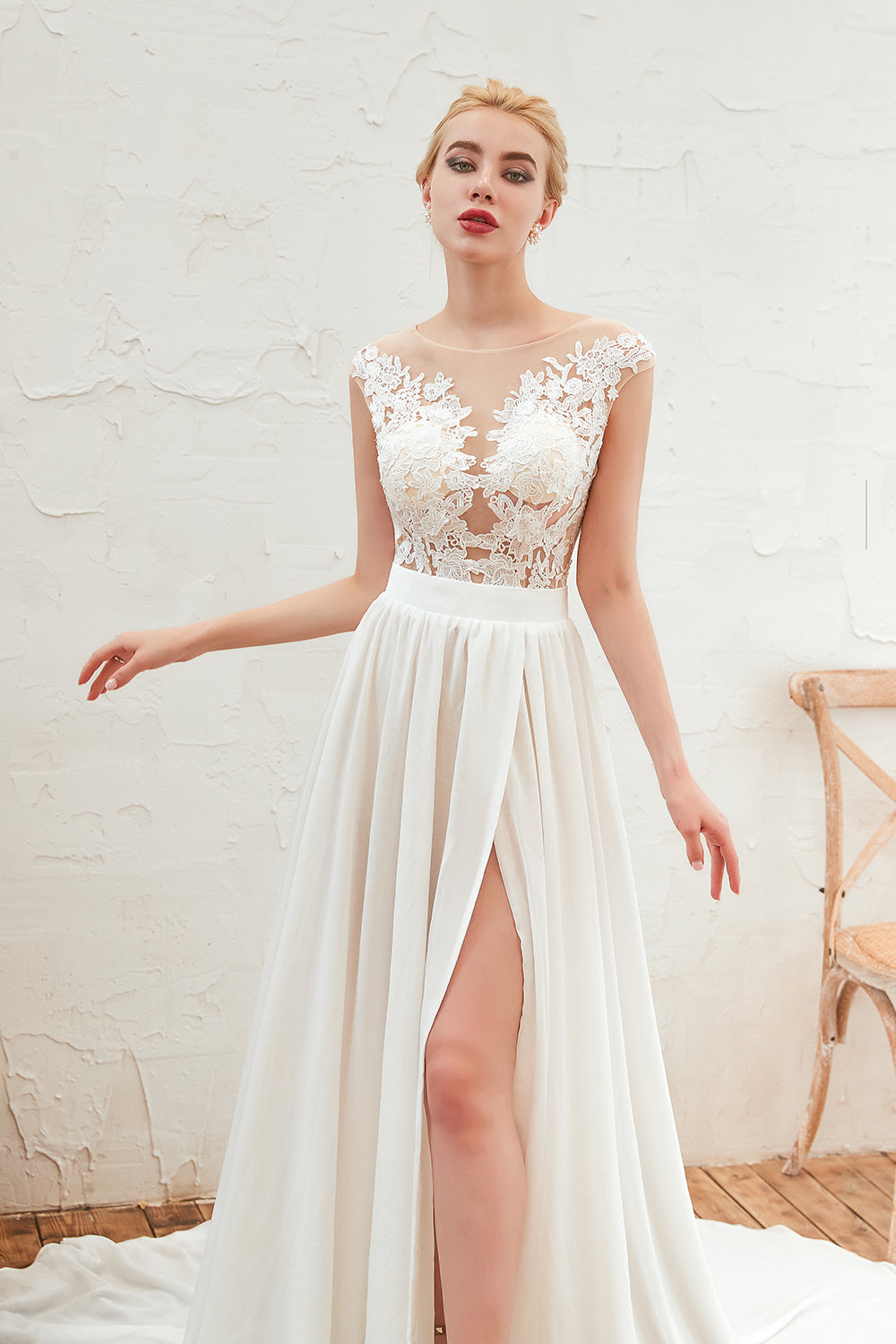 Long Tulle High Slit Appliques Lace Chiffon A-line Wedding Dress