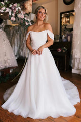 White Long A-line Off the Shoulder High Slit Backless Wedding Dresses