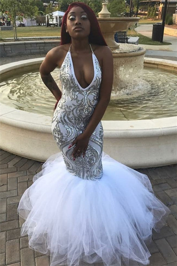 Long V-neck Halter Appliques Lace Tulle Mermaid Prom Dress