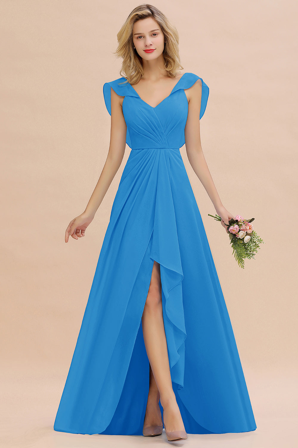 Simple High Low A-line V-Neck Ruffles Chiffon Bridesmaid Dress