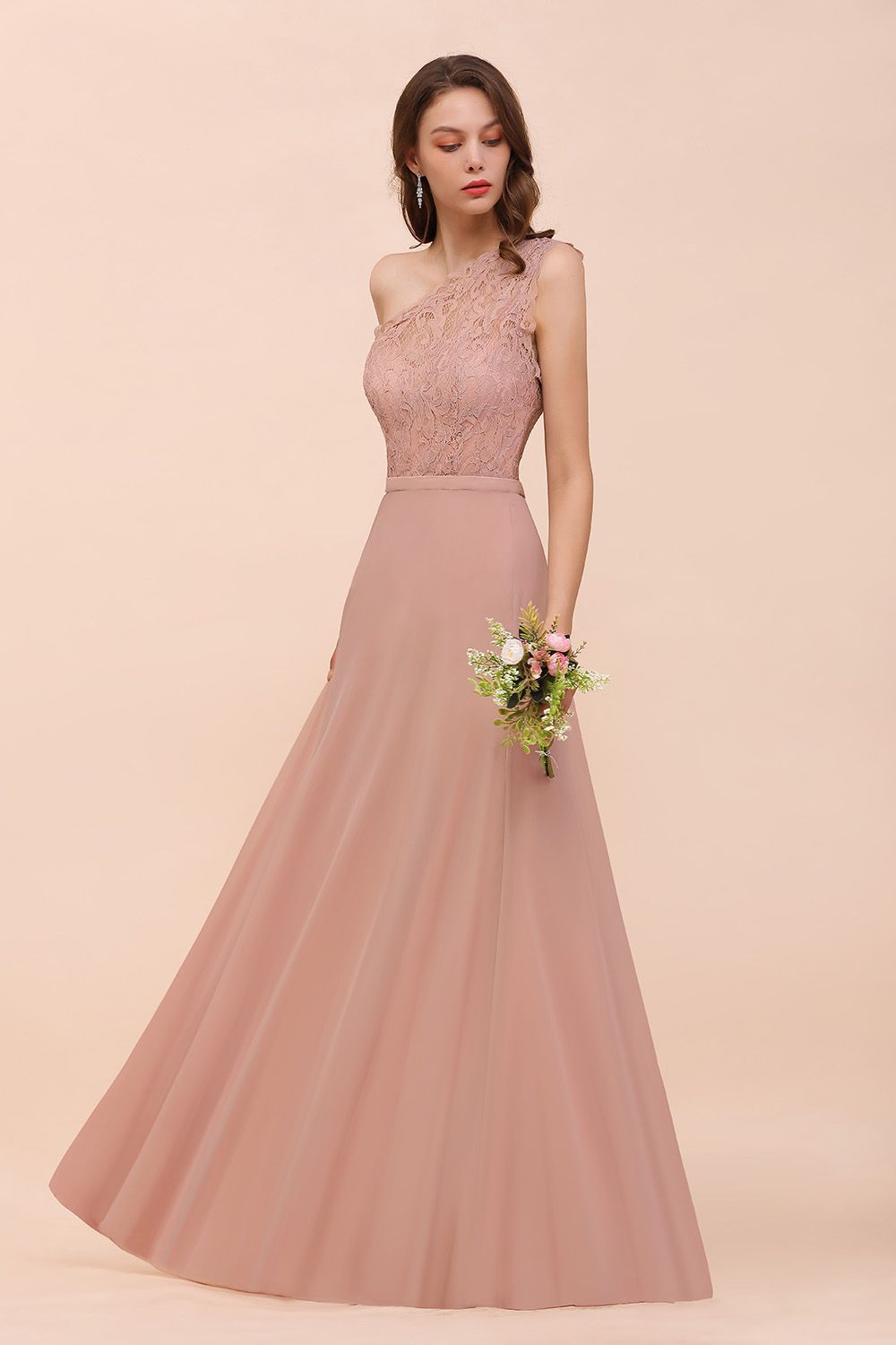 Classy One Shoulder Appliques Lace Floor Length A-Line Chiffon Bridesmaid Dress