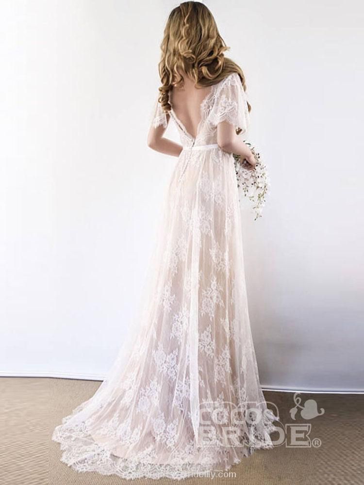 Gorgeous Long A-line V-Neck Cap Sleeves Lace Wedding Dresses