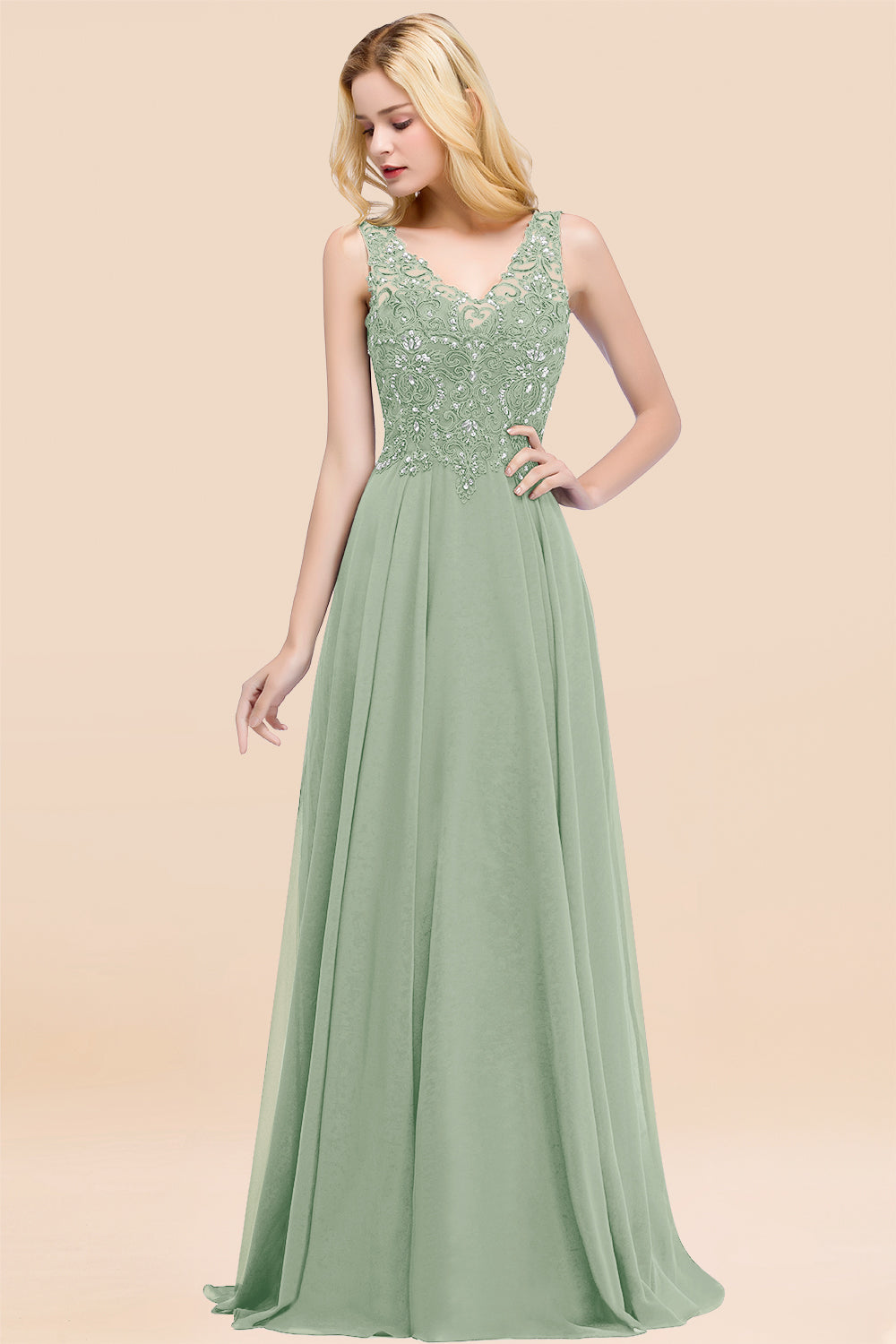 Dusty Rose Lace V-Neck Long Bridesmaid Dresses With Appliques