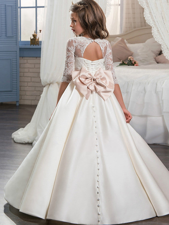 Ivory Long Ball Gown Satin Flower Girl Dresses with Half Sleeve