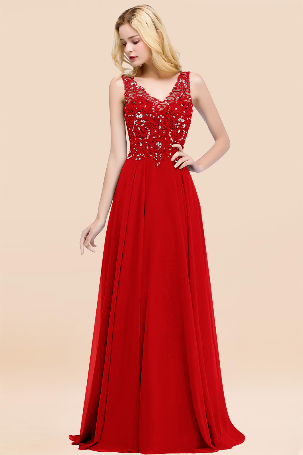 A-line Chiffon Appliques V-neck Sleeveless Floor Length Bridesmaid Dresses with Crystals