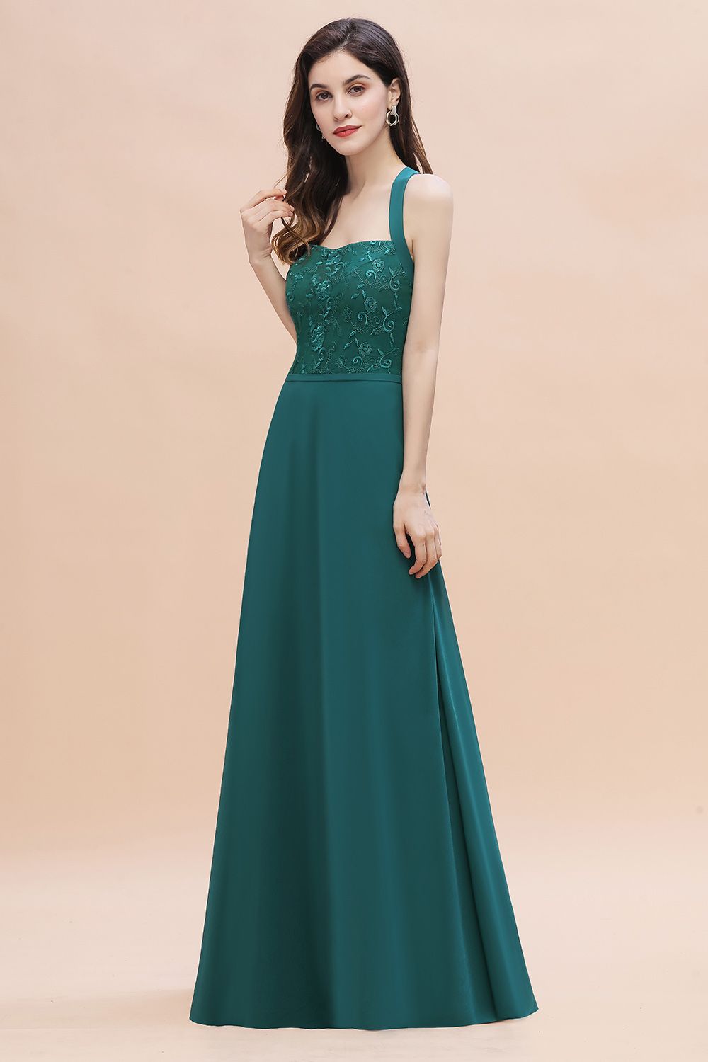 Long Wide Straps A-Line Halter Chiffon Wedding Guest Dresses
