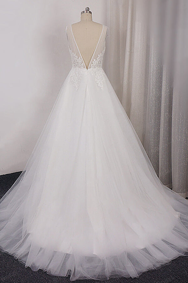 Long V-neck Appliques Lace Tulle A-line Wedding Dress