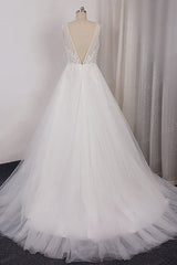 Long V-neck Appliques Lace Tulle A-line Wedding Dress