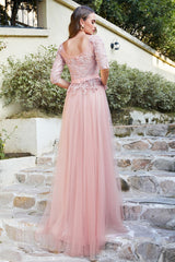 Long A-line Crew Neck Tulle Lace Appliques Evening Dresses with Half Sleeves