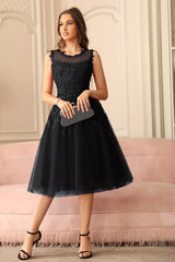 Short A-line Sleeveless Crew Neck Tulle Lace Formal Dress