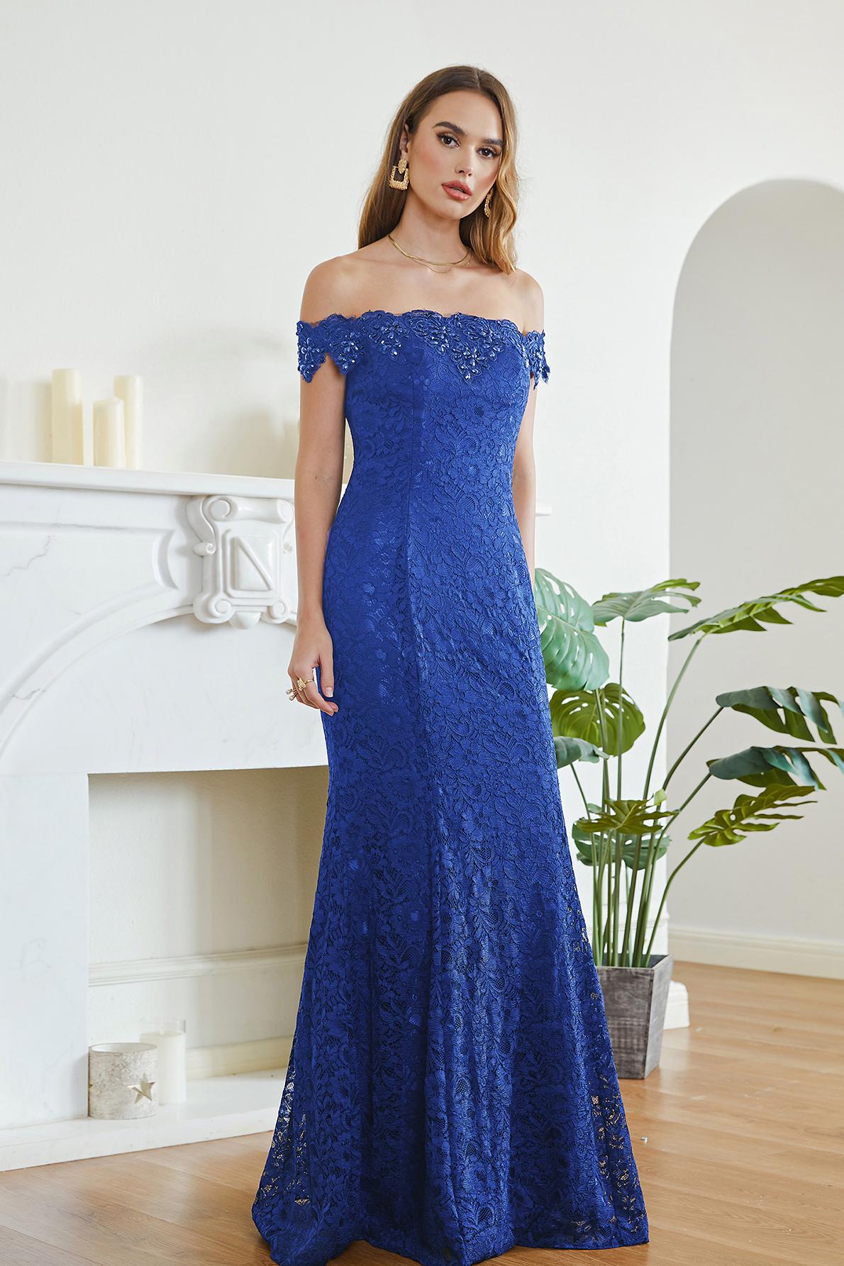 Long Off The Shoulder Floral Lace Mermaid Floor Length Formal Evening Dress