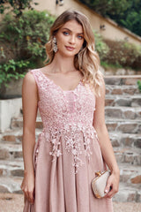 Long A-line V-Neck Tulle Lace Formal Evening Dress with Appliques