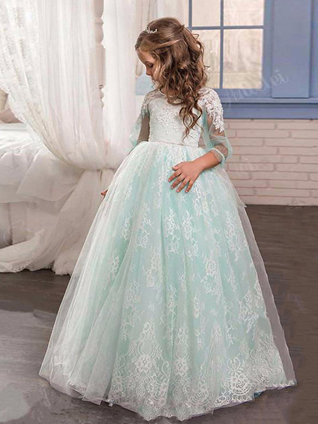 Long A-line Tulle Lace Flower Girl Dresses with Sleeves