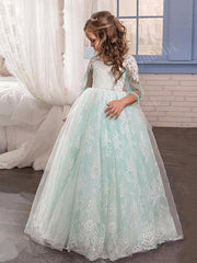 Long A-line Tulle Lace Flower Girl Dresses with Sleeves