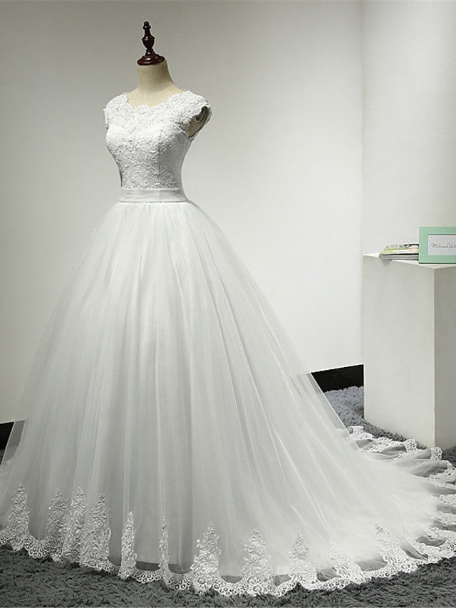 Long Ball Gown Scoop Neck Tulle Lace Cap Sleeve Wedding Dresses
