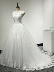Long Ball Gown Scoop Neck Tulle Lace Cap Sleeve Wedding Dresses