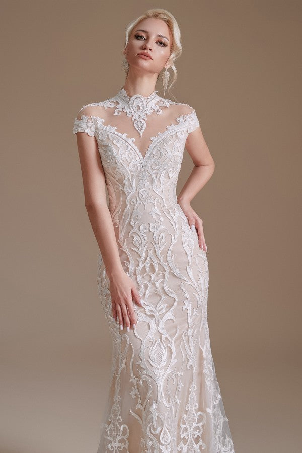 Vintage Long Mermaid High Neck Lace Wedding Dress with sleeves