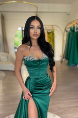 Mermaid Long Satin Split Front Sweetheart Prom Dress with Ruffles