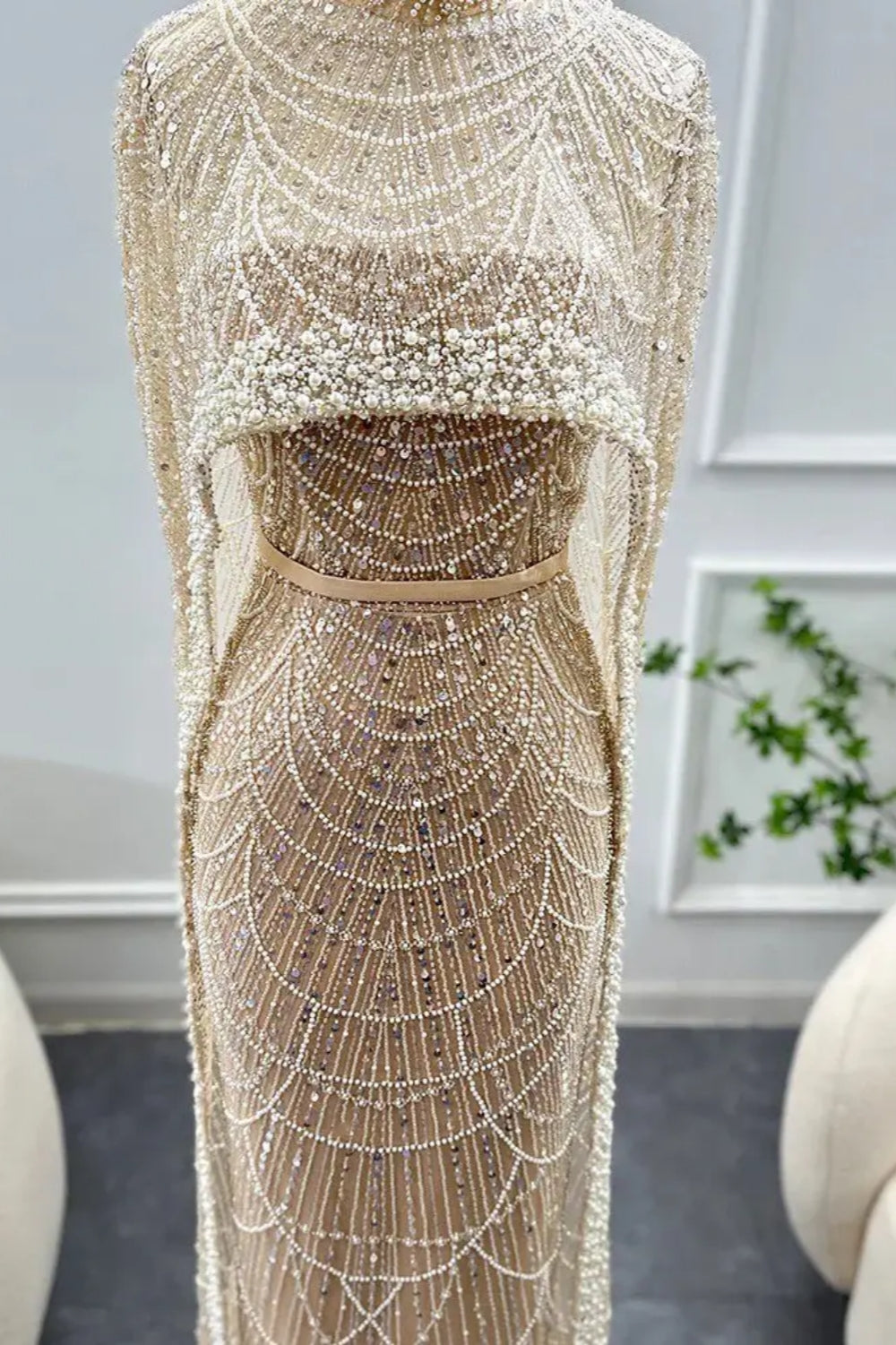 Elegant Long Mermaid High Neck Formal Evening Dress with Beads