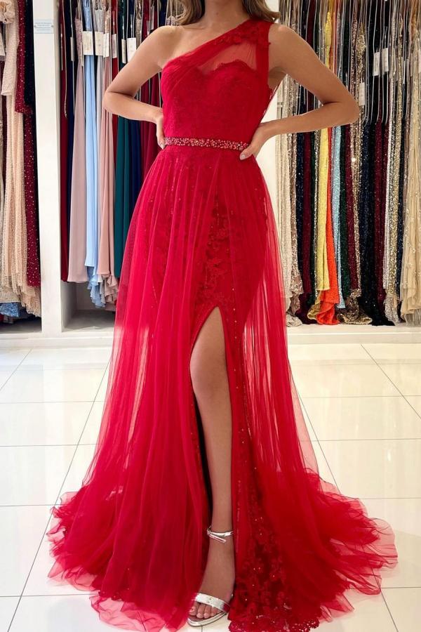 Long Mermaid One Shoulder Tulle Slit Prom Dress with Detachable Train