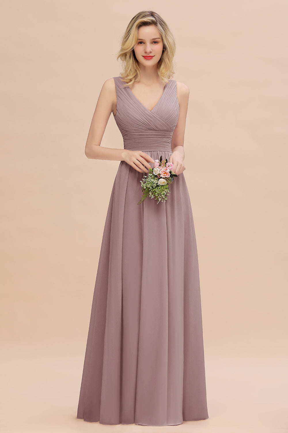Elegant A-line V-Neck Ruffles Long Bridesmaid Dress