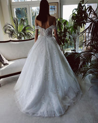 Charming Long A-line Off the Shoulder Tulle Wedding Dress with Glitter