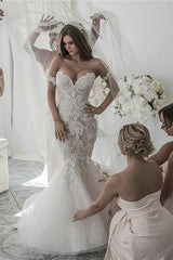 Long Mermaid Chapel Train Off the Shoulder Tulle Lace Wedding Dresses