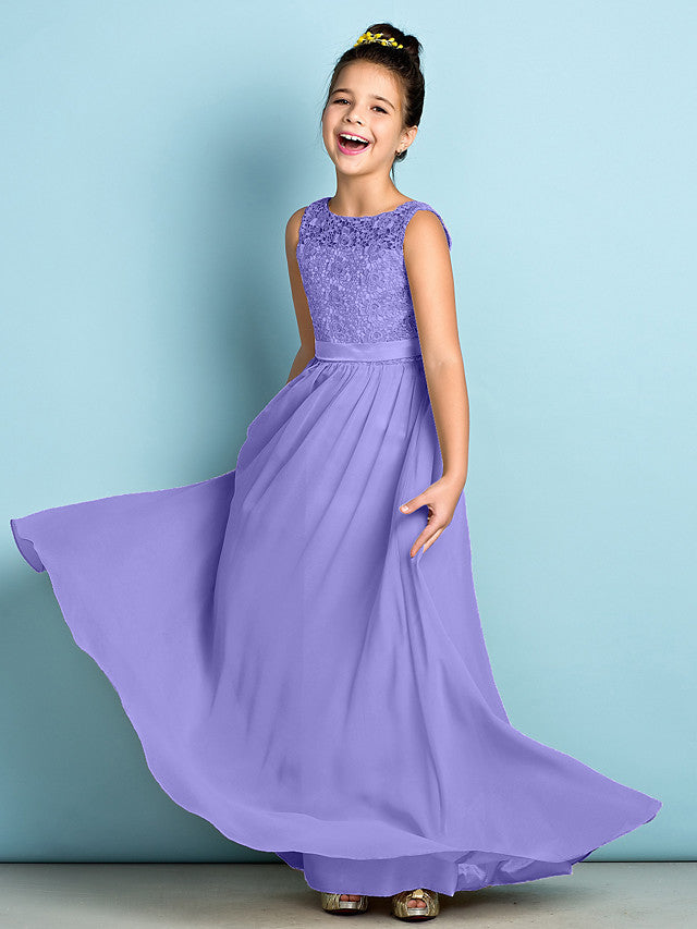 Long A-Line Scoop Neck Floor Length Chiffon Lace Junior Bridesmaid Dress