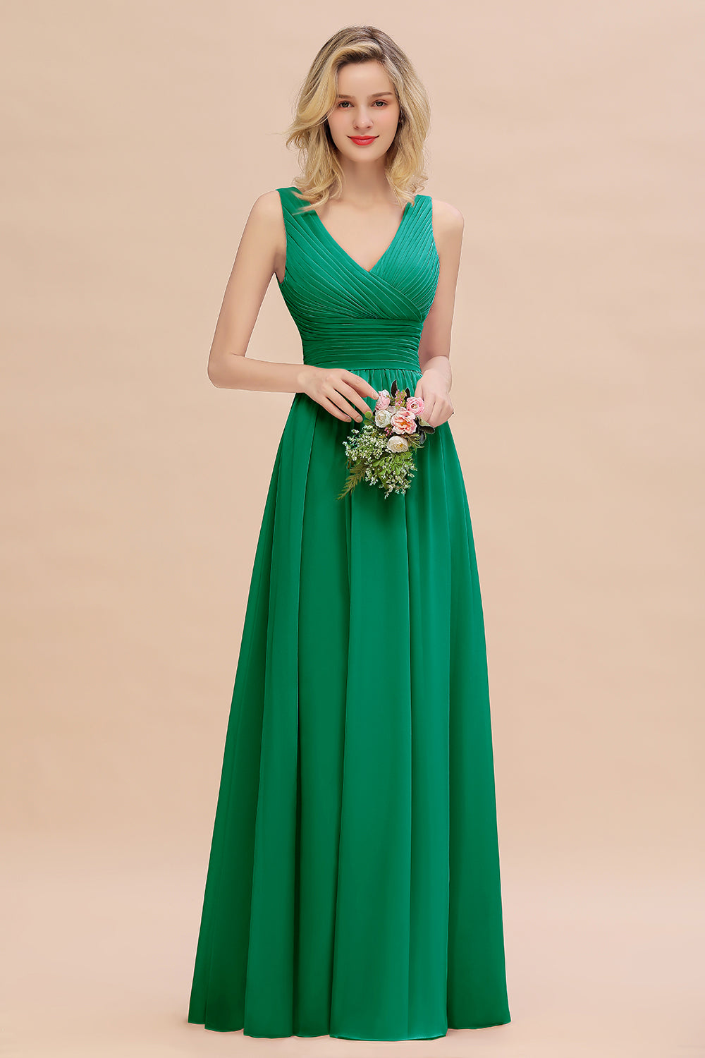 Elegant A-line V-Neck Ruffles Long Bridesmaid Dress