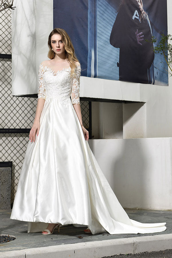 Elegant Long Lace-up A-Line Applique Satin Wedding Dress